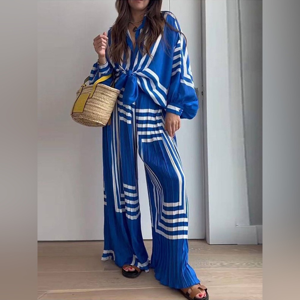 Commense Blue and White Wide Leg Pants Jumpsuit Set